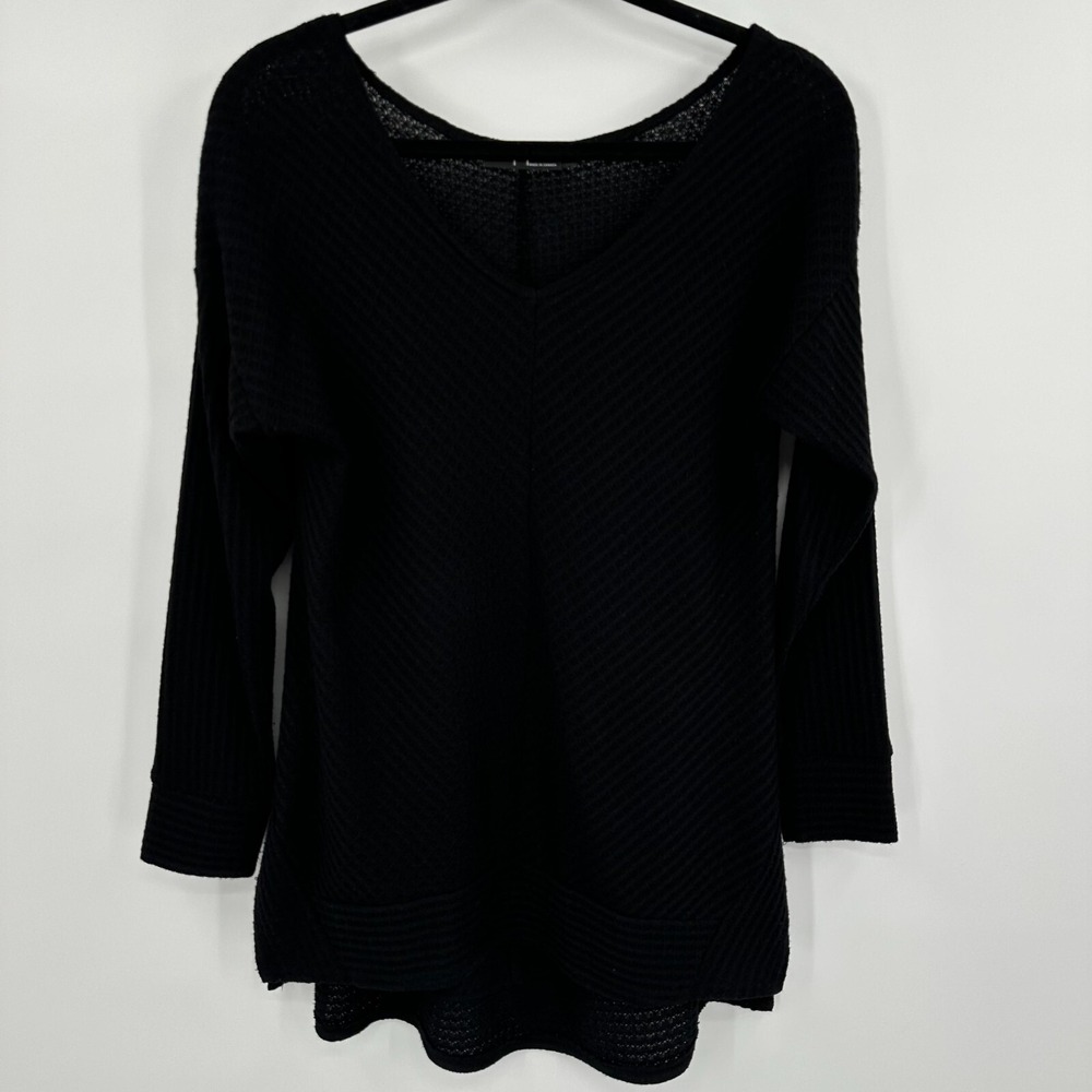 Sympli Split Decision Sweater Women's 8 Black Waffle Knit Deep V Neck Pullover‎